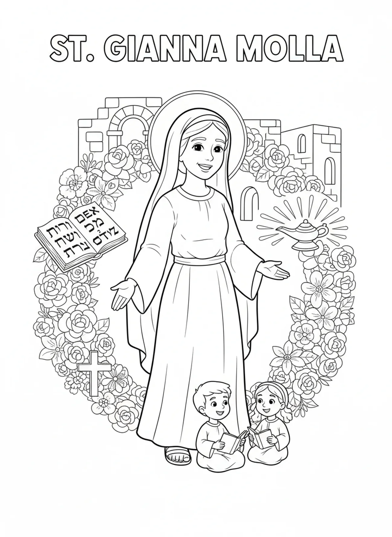 Symboles de l'héritage de Sainte Gianna Molla, page à colorier de Sainte Gianna Molla pour les enfants de l'École du dimanche âgés de 5 à 12 ans.