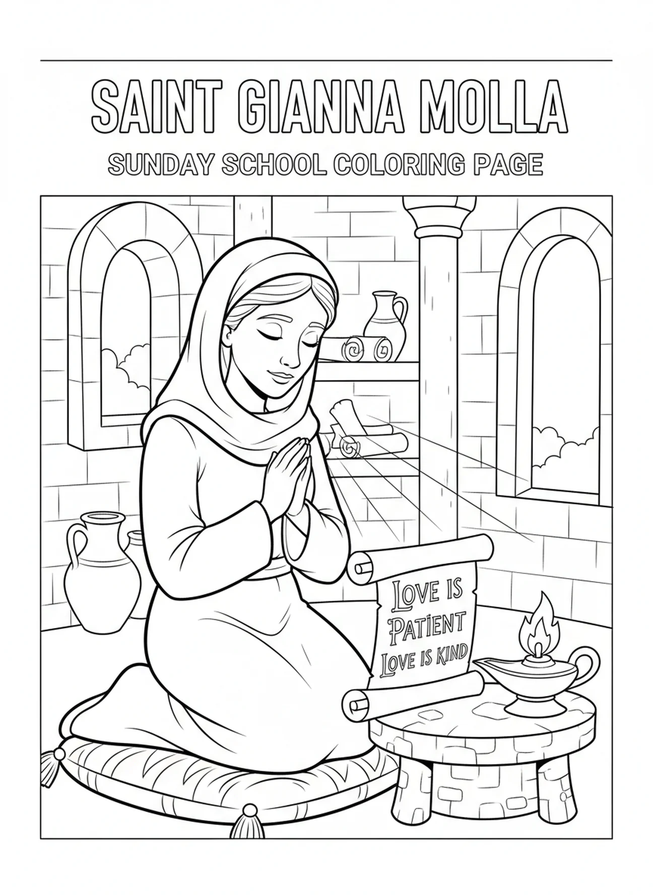 Sainte Gianna Molla en prière, page à colorier de Sainte Gianna Molla pour les enfants de l'École du dimanche âgés de 5 à 12 ans.