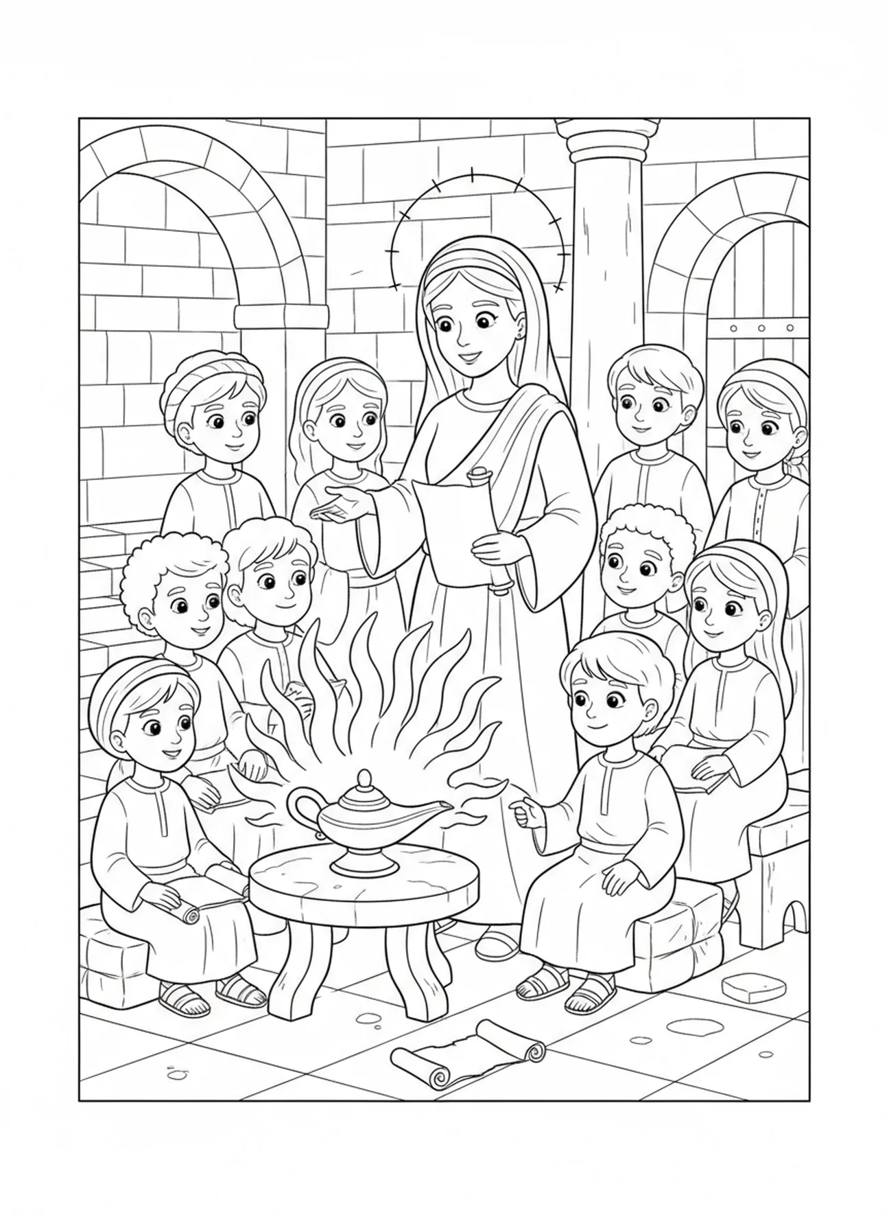 Sainte Gianna Molla et enfants, page à colorier Sainte Gianna Molla pour les enfants de l'École du dimanche âgés de 5 à 12 ans.