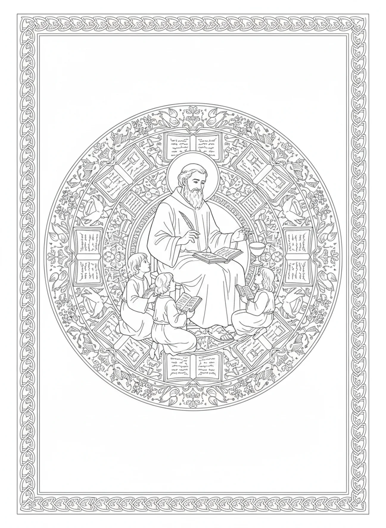 Saint Grégoire promouvant l'éducation, page à colorier de Saint Grégoire le Grand dans un style de journal biblique pour adultes.