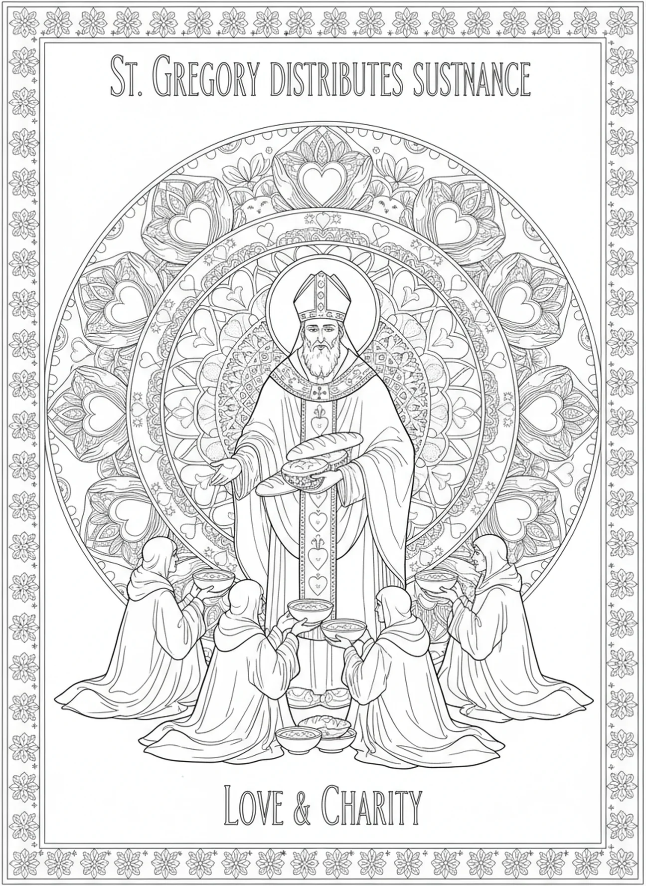 Saint Grégoire aidant les pauvres, page à colorier Saint Grégoire le Grand pour le journaling biblique.