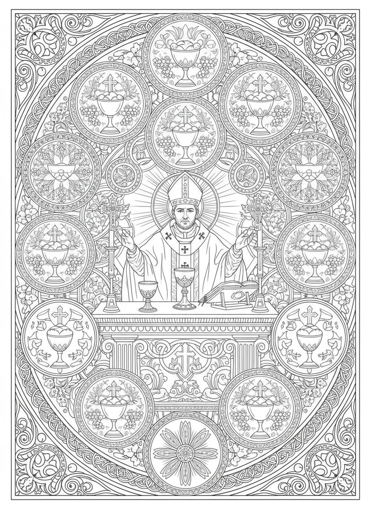 Saint Grégoire célébrant la Sainte Messe, page à colorier Saint Grégoire le Grand pour adultes dans un style de journal biblique.