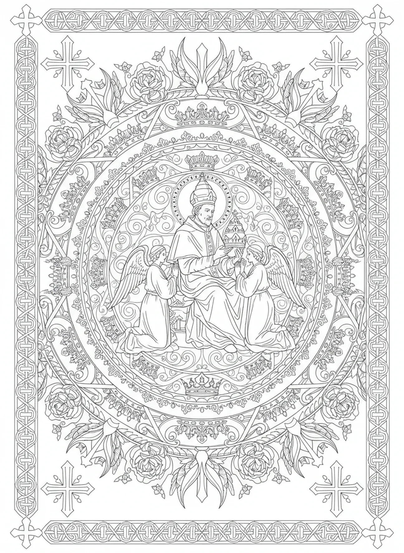 Saint Grégoire recevant la tiare papale, page à colorier Saint Grégoire le Grand dans un style de journal biblique pour adultes.