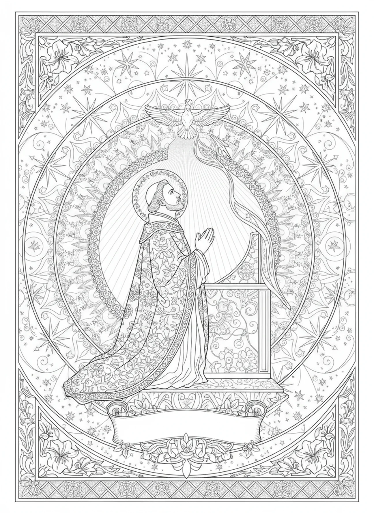 La vision divine de Saint Grégoire, page à colorier pour adultes dans le style du journal biblique.