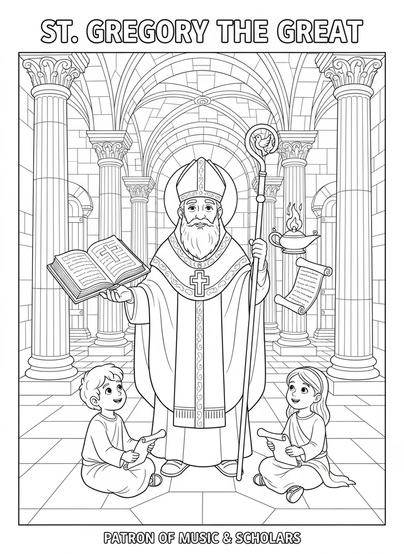 Der heilige Gregor als Bischof, Ausmalbild für die Sonntagsschule für Kinder im Alter von 5-12 Jahren