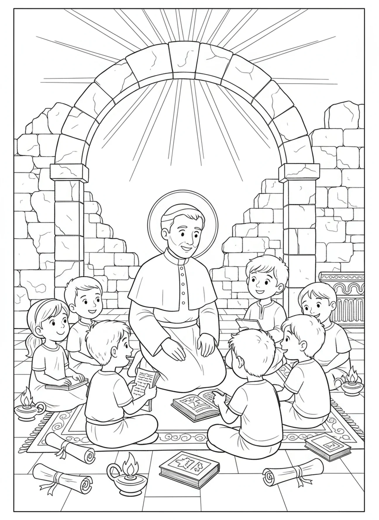 Der heilige Gregor unterrichtet Kinder, Ausmalbild von St. Gregor dem Großen für die Sonntagsschule für Kinder im Alter von 5-12 Jahren