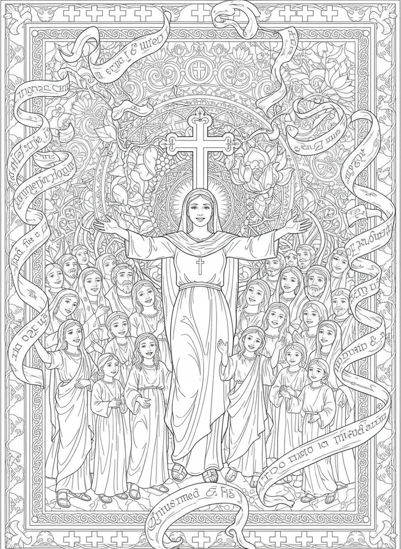 Sainte Hélène célébrée par la foule, page à colorier Sainte Hélène pour le journaling biblique pour adultes