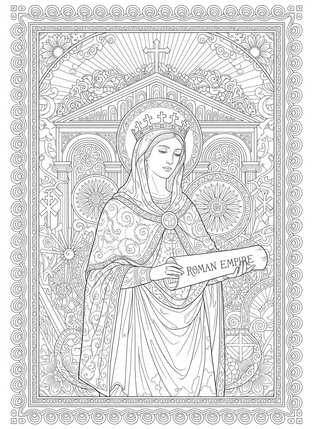 Sainte Hélène avec une carte de l'empire, page à colorier Sainte Hélène pour adultes dans un style de journal biblique
