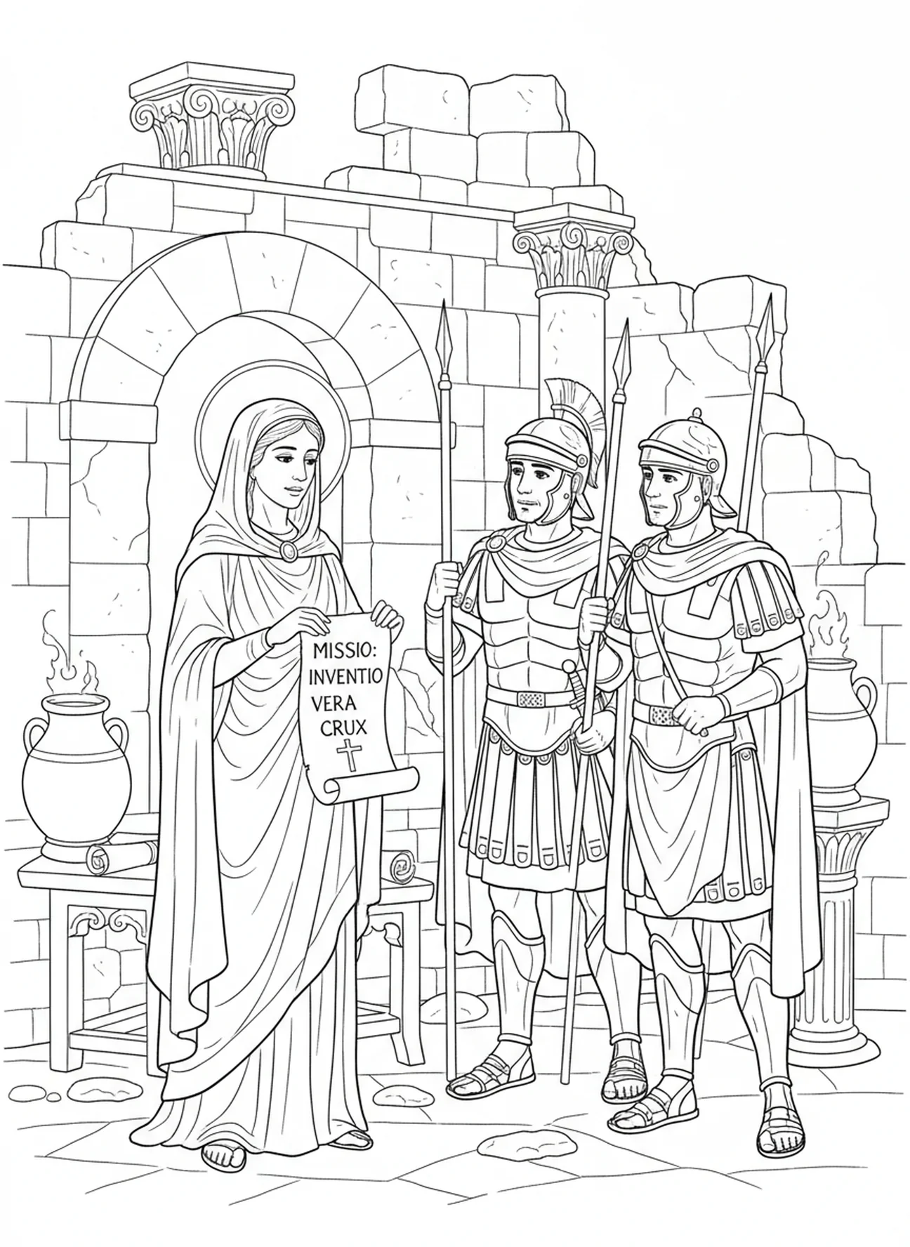 Sainte Hélène parlant avec des soldats romains, page à colorier Sainte Hélène pour les enfants de l'École du dimanche âgés de 5 à 12 ans.