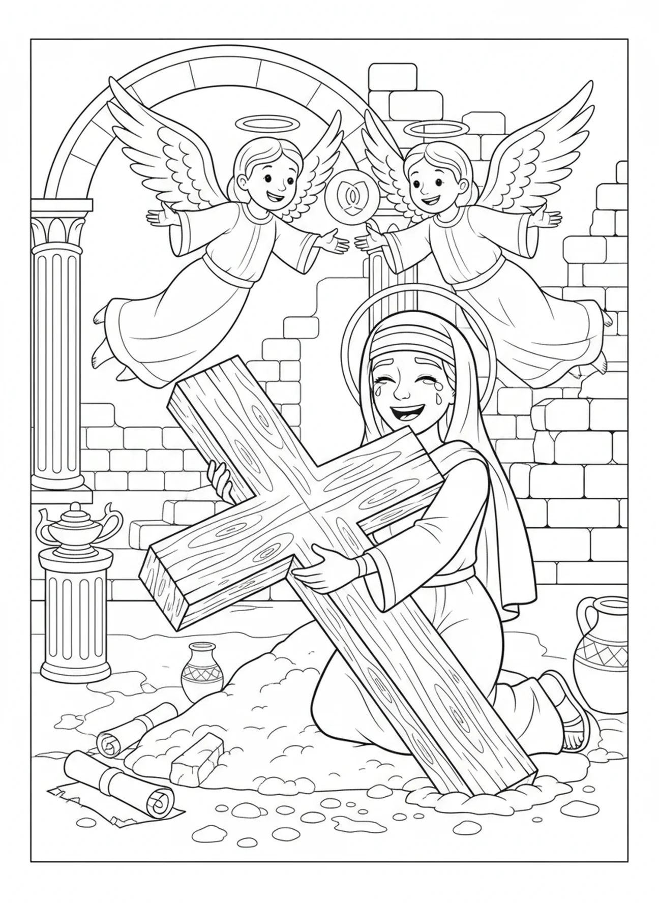 Sainte Hélène découvrant la Vraie Croix, page à colorier Sainte Hélène pour les enfants de l'École du dimanche âgés de 5 à 12 ans.