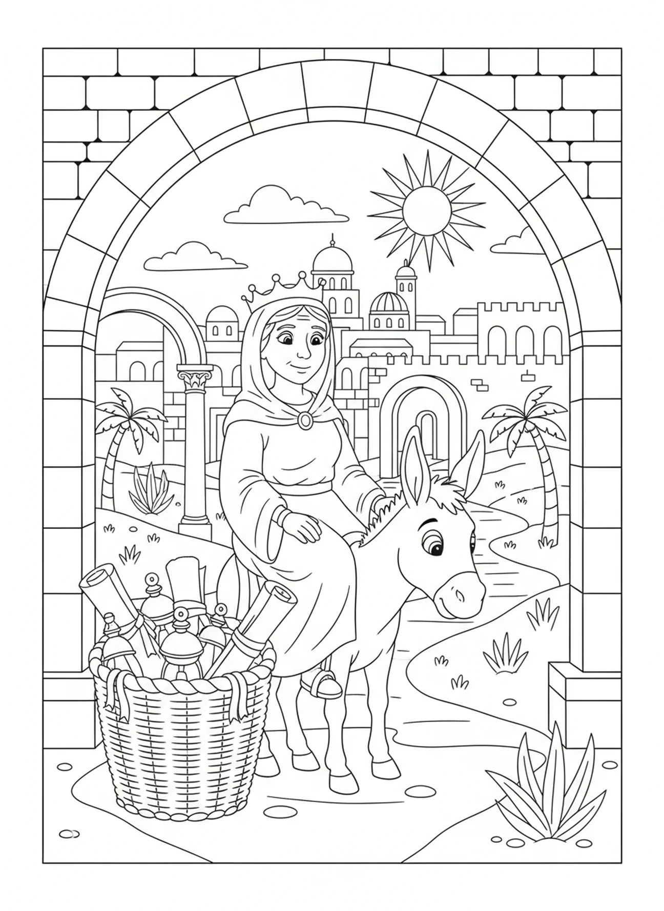Sainte Hélène montant un âne, page à colorier Sainte Hélène pour les enfants de l'École du dimanche âgés de 5 à 12 ans.