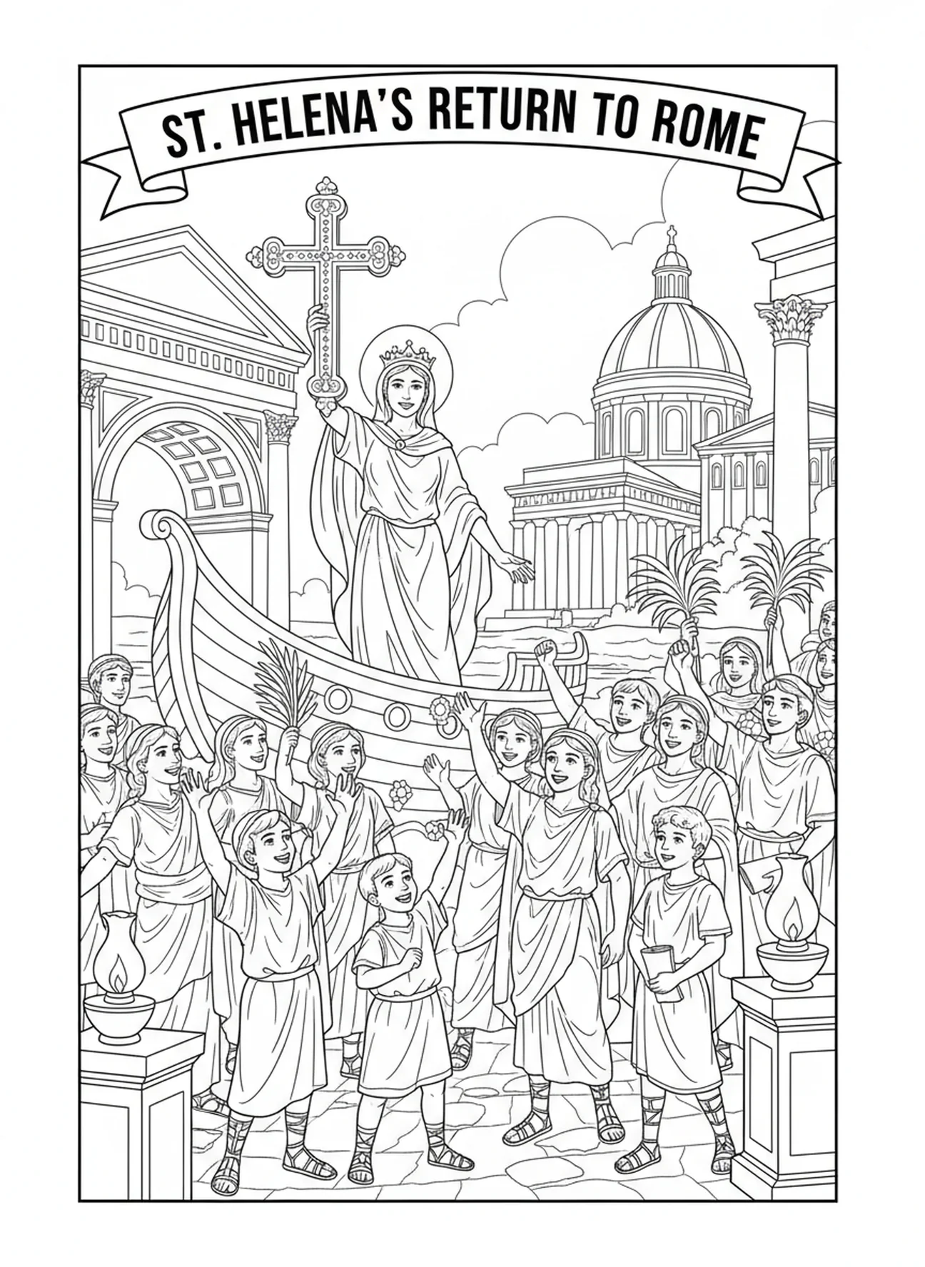 Sainte Hélène rentrant à Rome avec la Vraie Croix, page à colorier Sainte Hélène pour les enfants de catéchisme âgés de 5 à 12 ans.