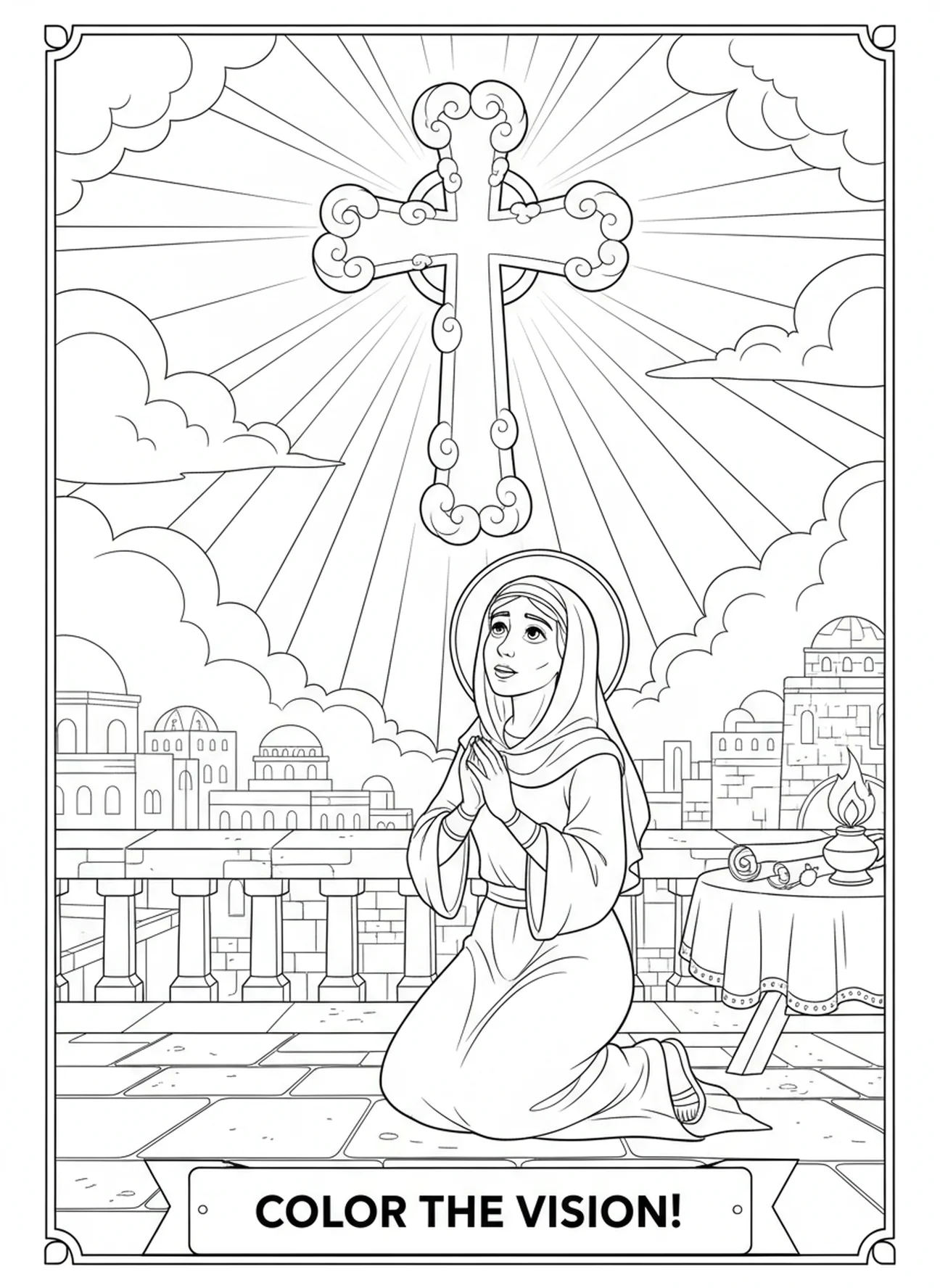 Sainte Hélène avec une vision de la croix, page à colorier Sainte Hélène pour les enfants de l'École du dimanche âgés de 5 à 12 ans.