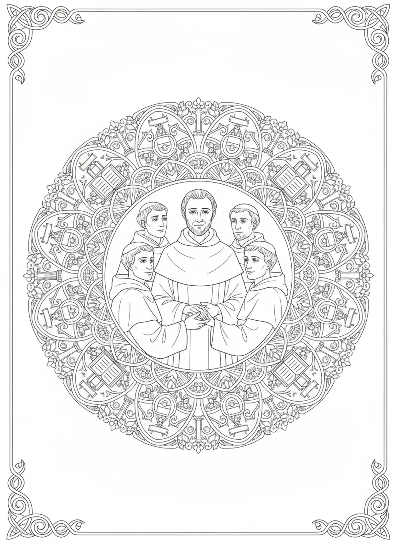 São Inácio fundando os jesuítas, página para colorir de São Inácio de Loyola no estilo de journaling bíblico para adultos