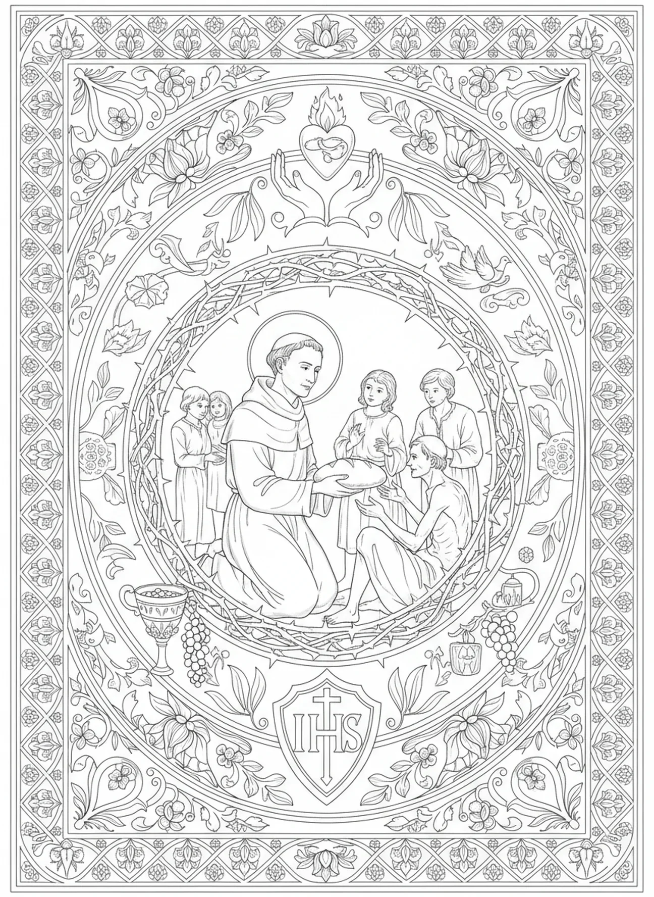 São Inácio ajudando os pobres, página de colorir de São Inácio de Loyola no estilo de journaling bíblico para adultos