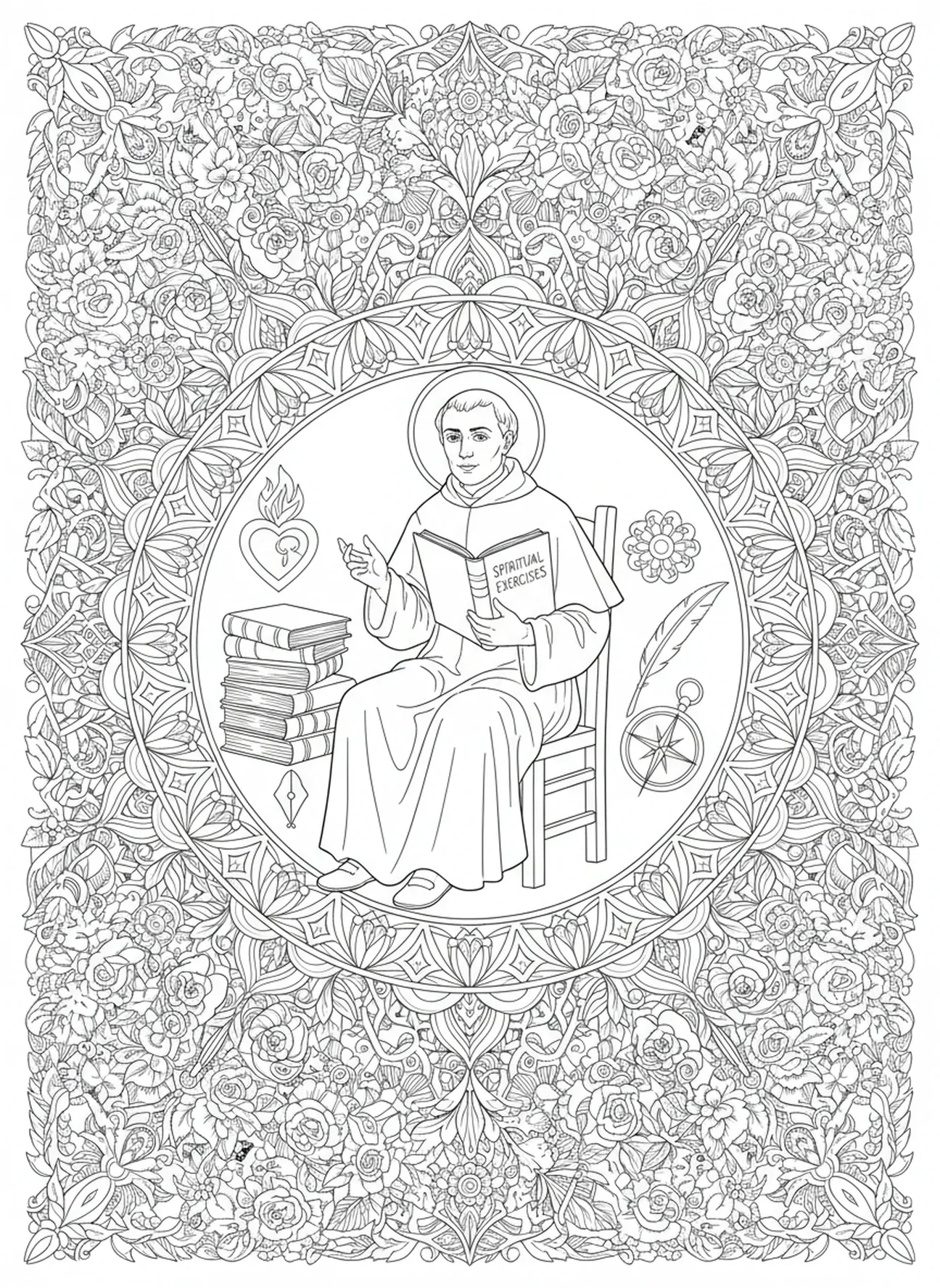 São Inácio ensinando os Exercícios Espirituais, página para colorir de São Inácio de Loyola no estilo de journaling bíblico para adultos