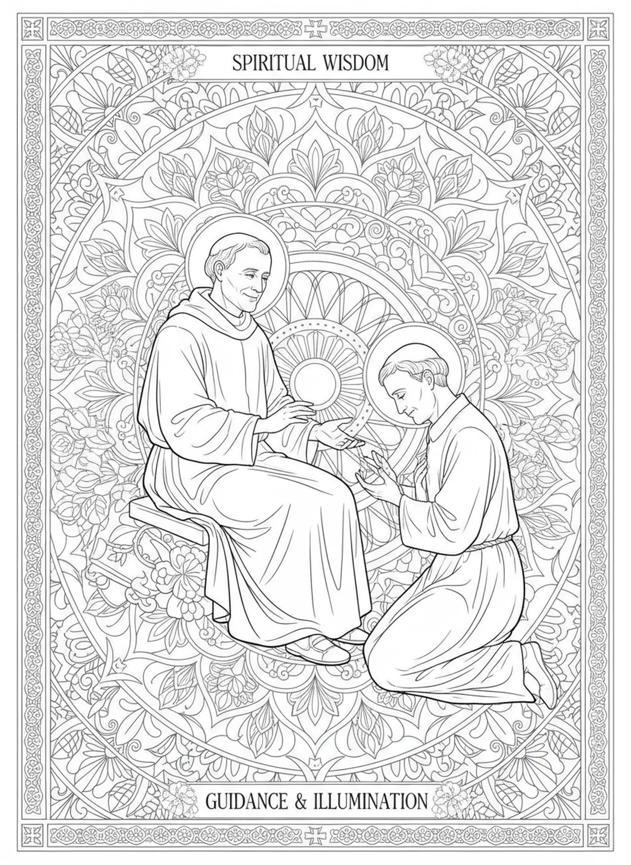São Inácio oferecendo orientação, página para colorir de São Inácio de Loyola no estilo de journaling bíblico para adultos