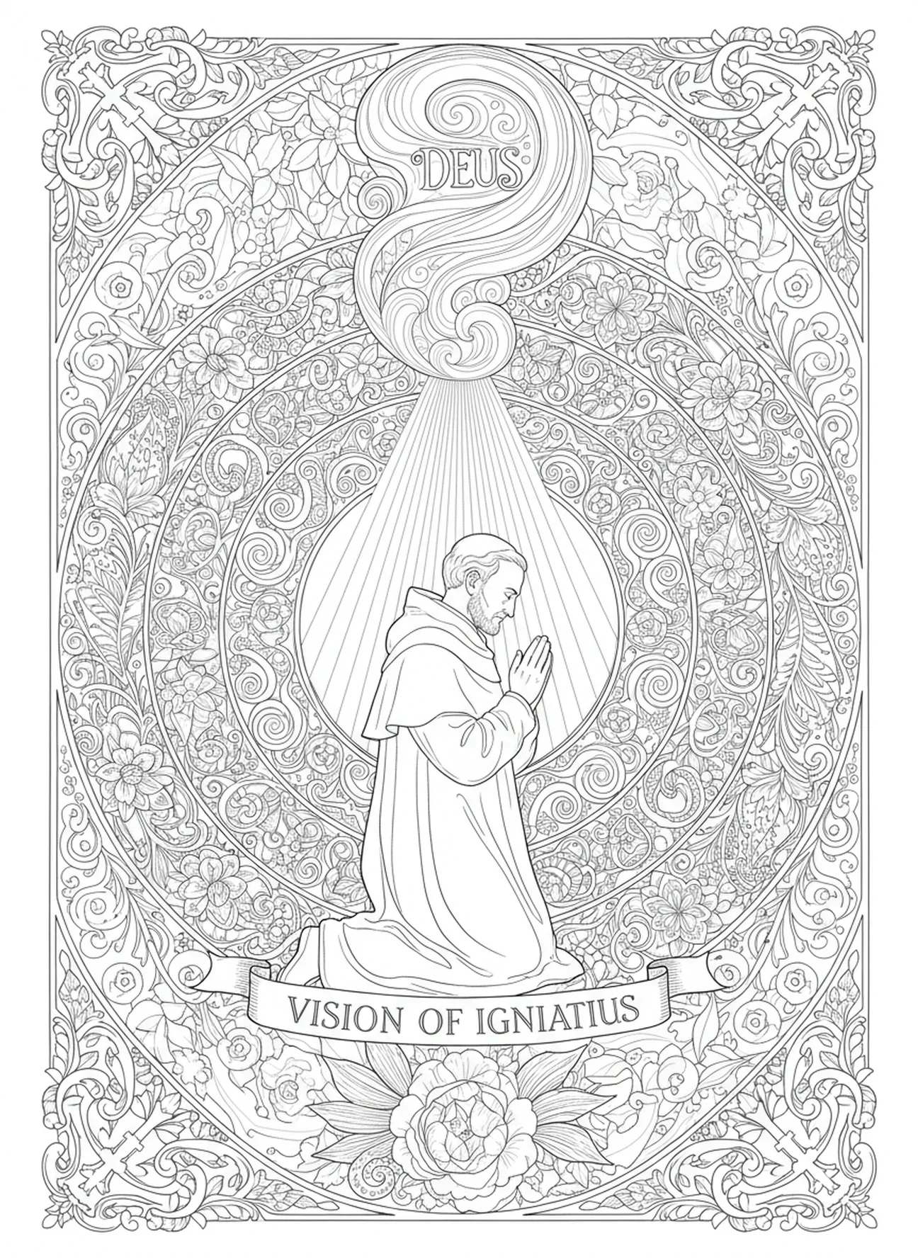 São Inácio tendo uma visão de Deus, página para colorir de São Inácio de Loyola no estilo de journaling bíblico para adultos