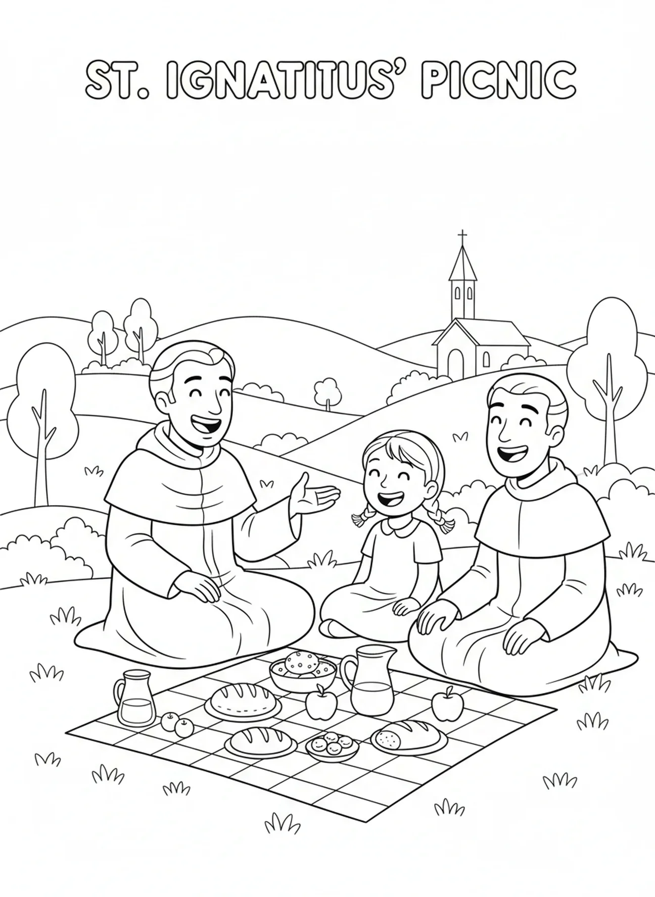 Der heilige Ignatius mit Freunden, Ausmalbild für Kinder im Alter von 5-10 Jahren