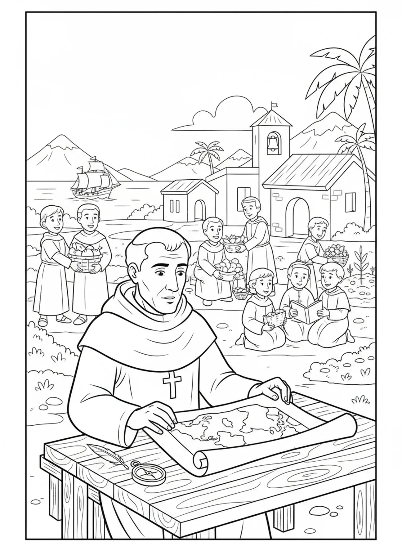 St. Ignatius betrachtet eine Karte, Ausmalbild von St. Ignatius Loyola für Kinder im Alter von 5-10 Jahren