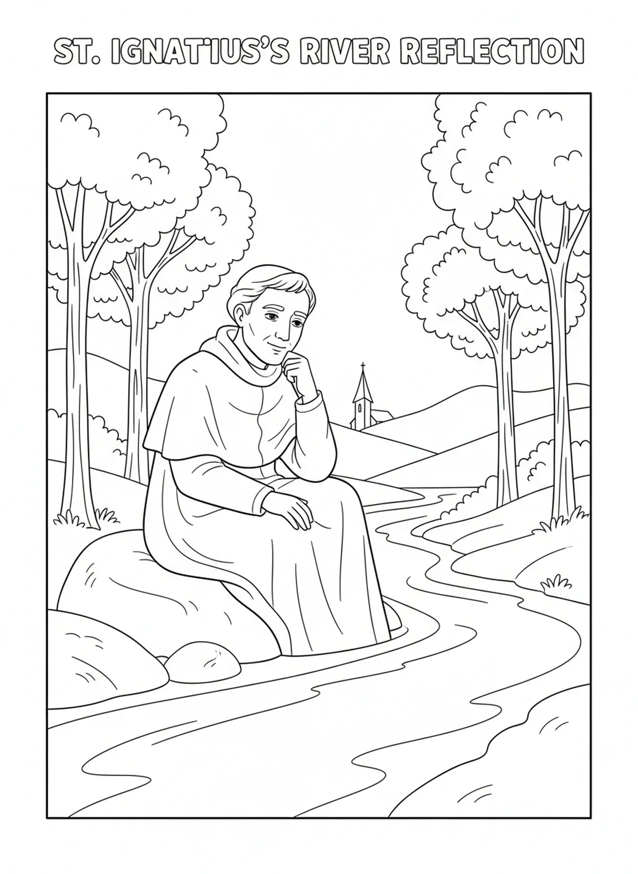 St. Ignatius, der am Fluss sitzt, Ausmalbild für Kinder im Alter von 5-10 Jahren