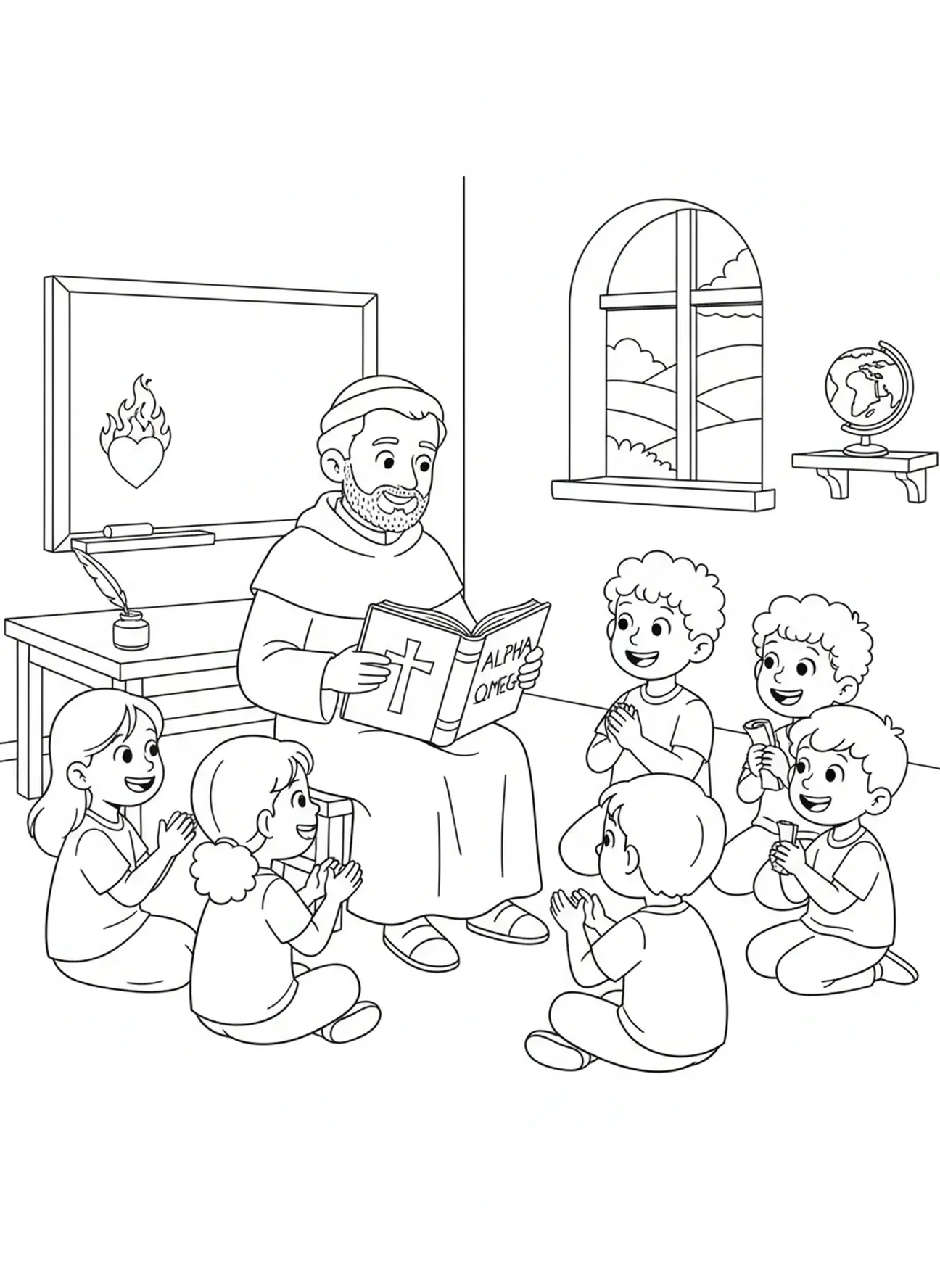St. Ignatius unterrichtet Kinder, Ausmalbild von St. Ignatius Loyola für Kinder im Alter von 5-10 Jahren