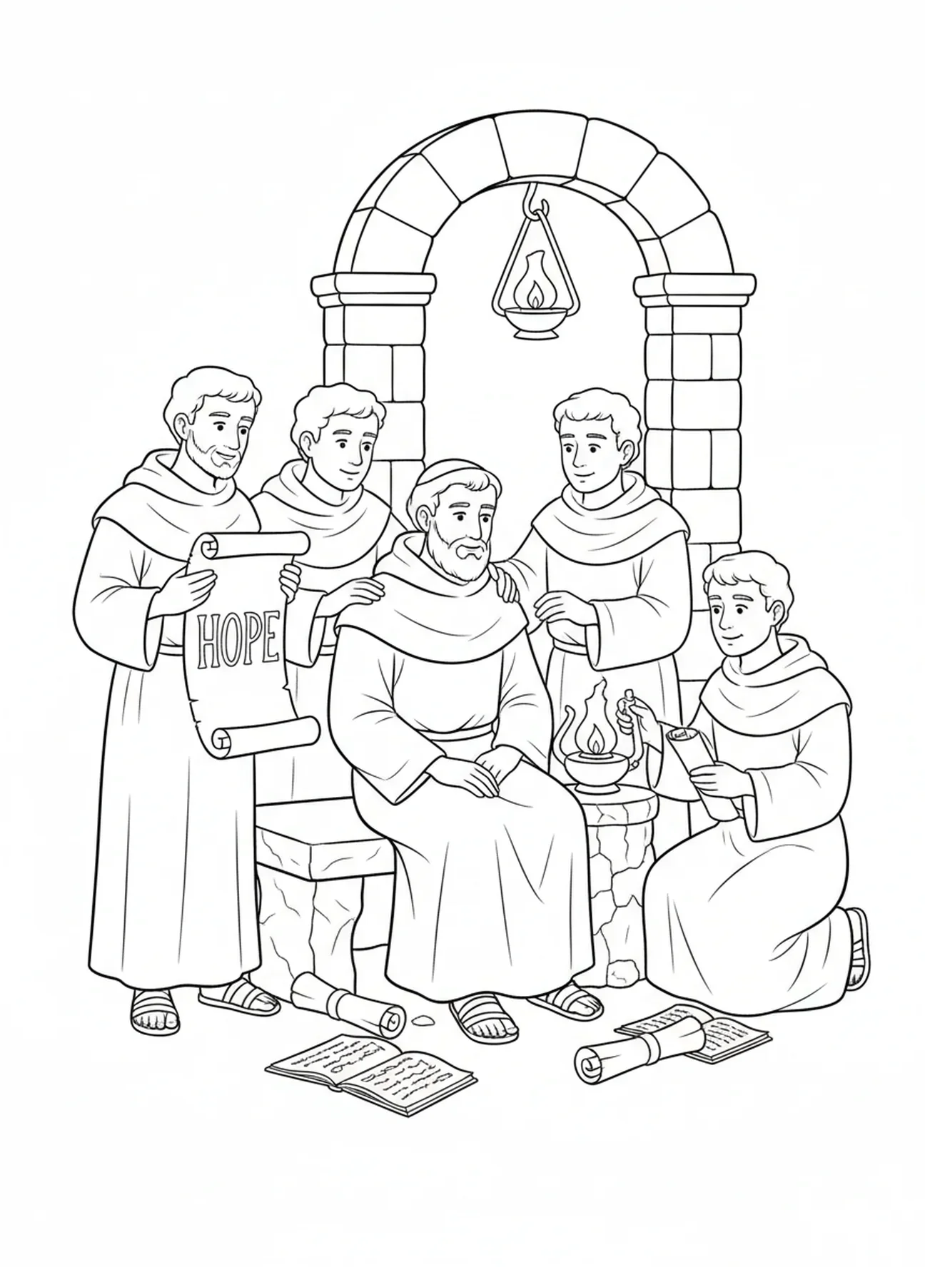 Der heilige Ignatius wird von Freunden unterstützt, Ausmalbild für die Sonntagsschule für Kinder im Alter von 5-12 Jahren