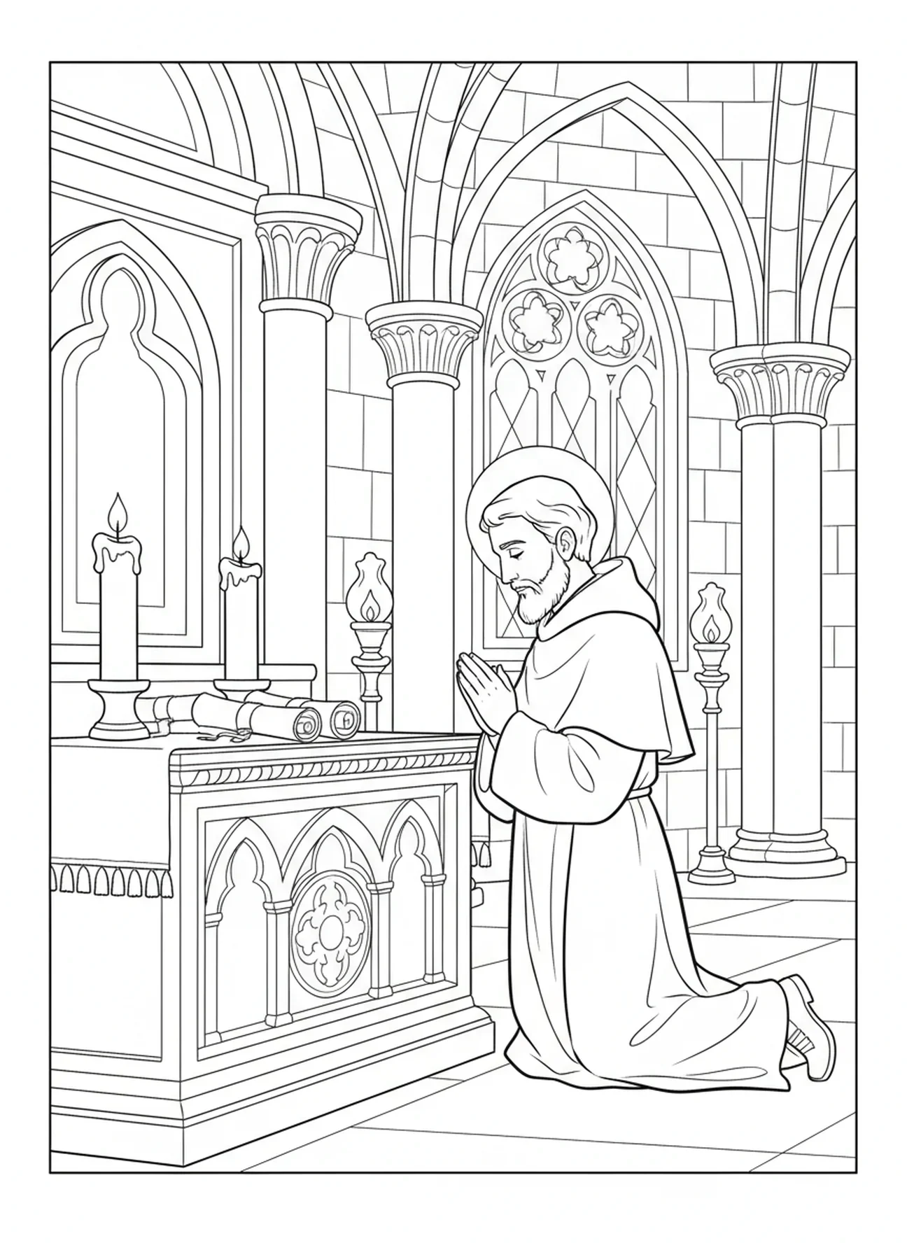 St. Ignatius betet am Altar, Ausmalbild von St. Ignatius Loyola für Sonntagsschulkinder im Alter von 5-12 Jahren