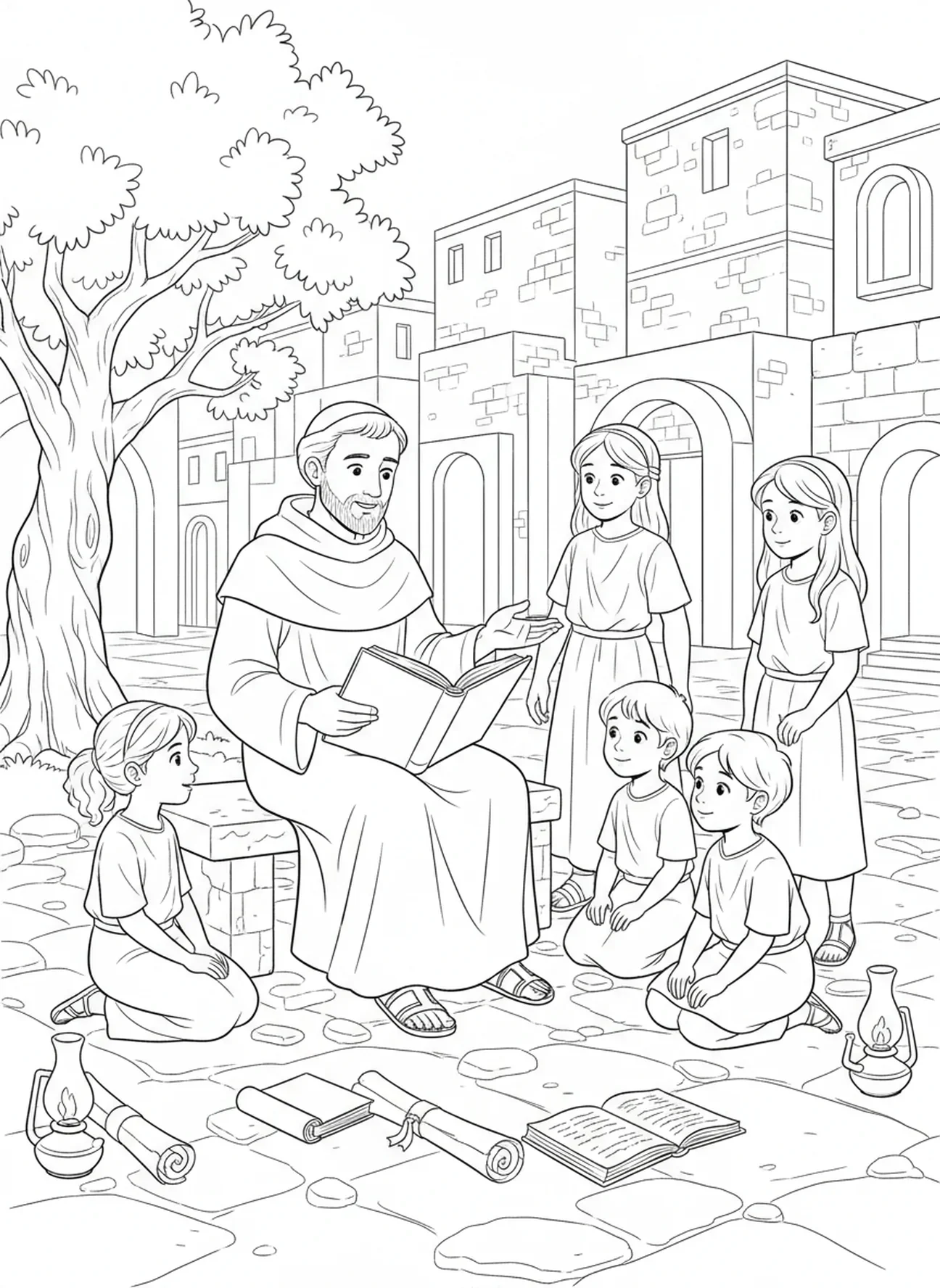Der heilige Ignatius unterrichtet Kinder, Ausmalbild von St. Ignatius Loyola für die Sonntagsschule für Kinder im Alter von 5-12 Jahren