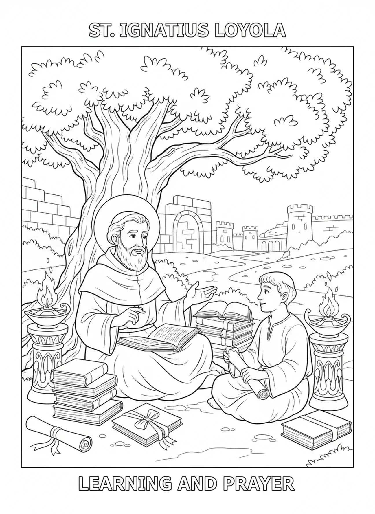 St. Ignatius mit Schüler, Ausmalbild von St. Ignatius Loyola für Sonntagsschüler im Alter von 5-12 Jahren