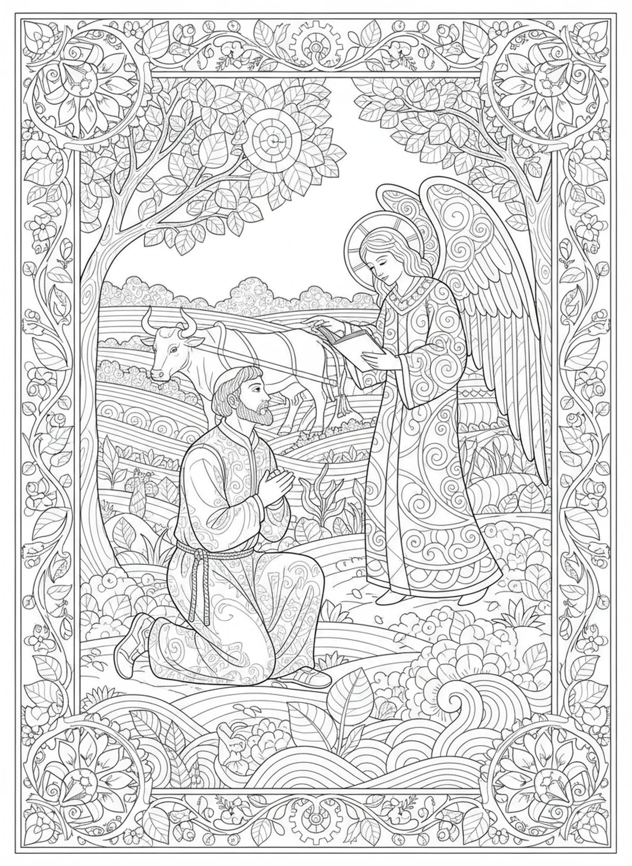 Saint Isidore et un ange, page à colorier Saint Isidore pour adultes dans le style du journal biblique