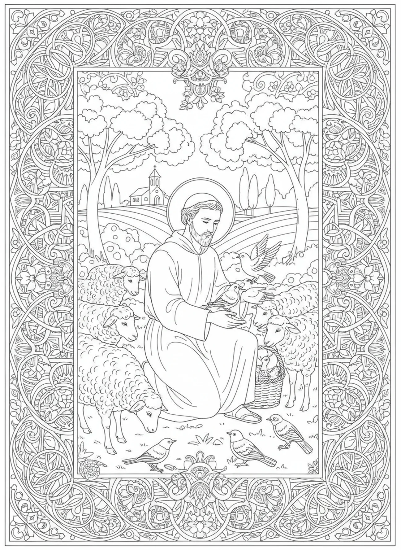 Saint Isidore nourrissant les animaux, page à colorier Saint Isidore pour adultes dans un style de journal biblique