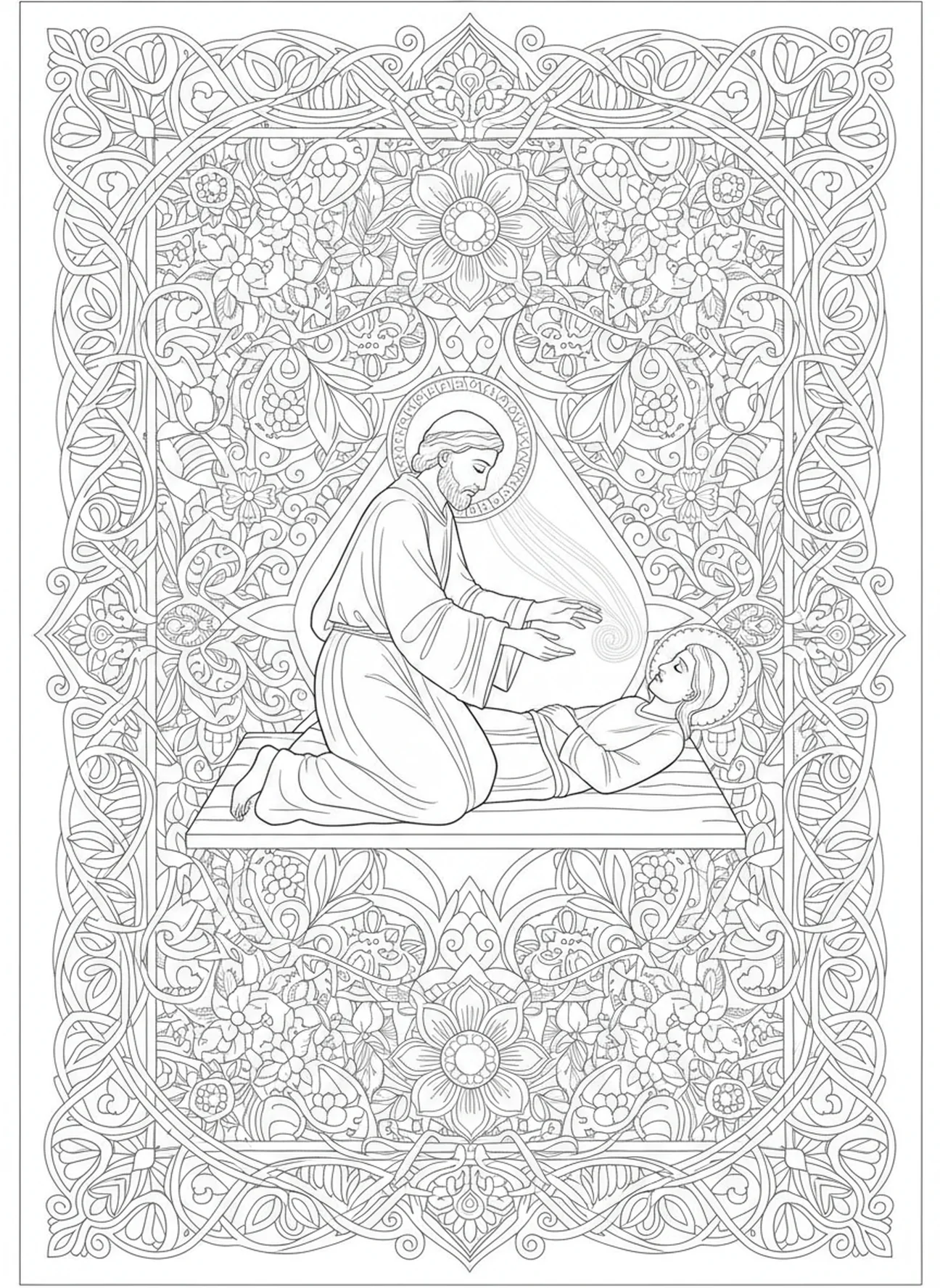 Saint Isidore guérissant les malades, page à colorier Saint Isidore pour adultes dans le style du journal biblique
