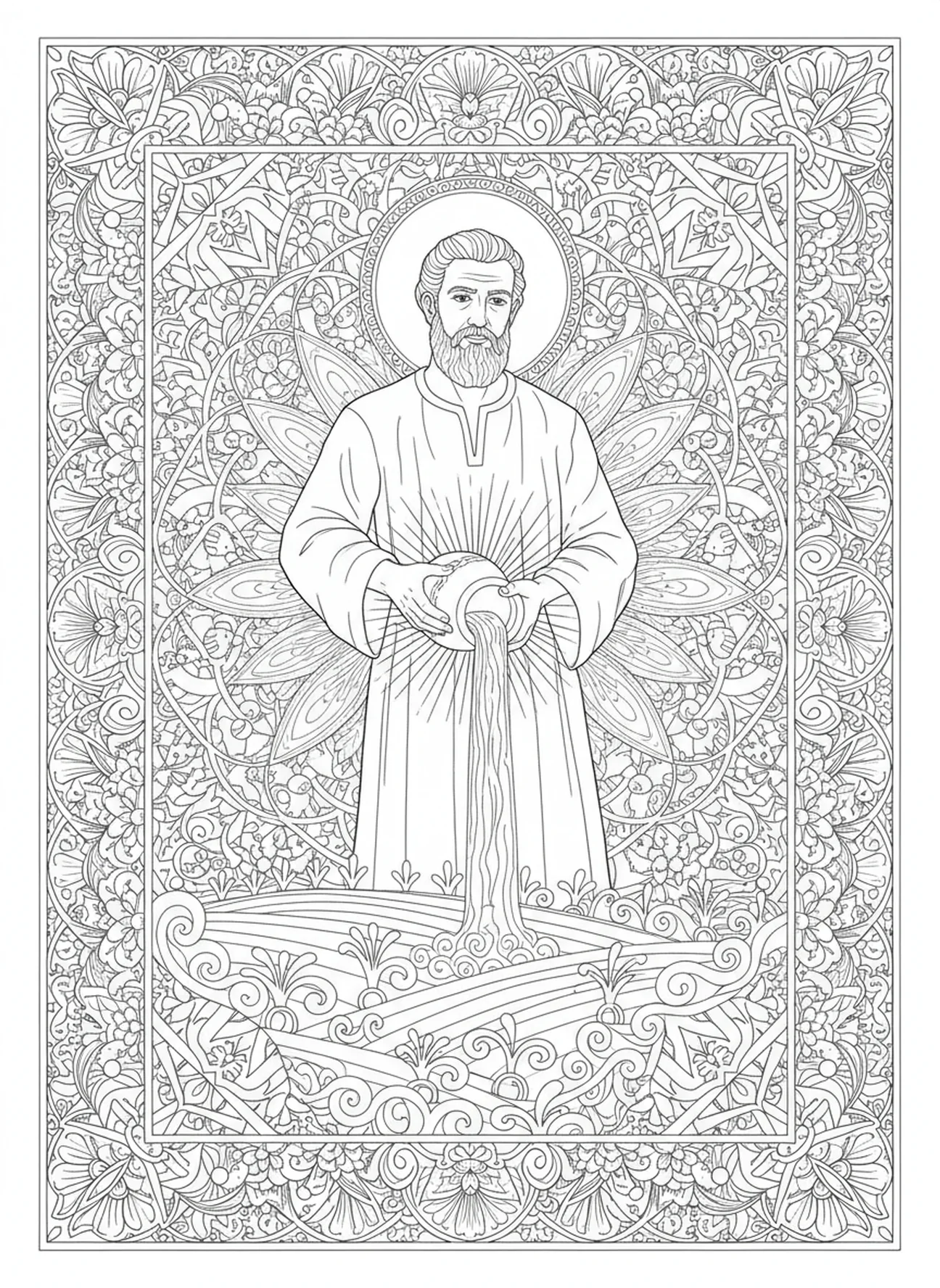 Saint Isidore arrosant les cultures, page à colorier Saint Isidore pour adultes dans le style du journal biblique