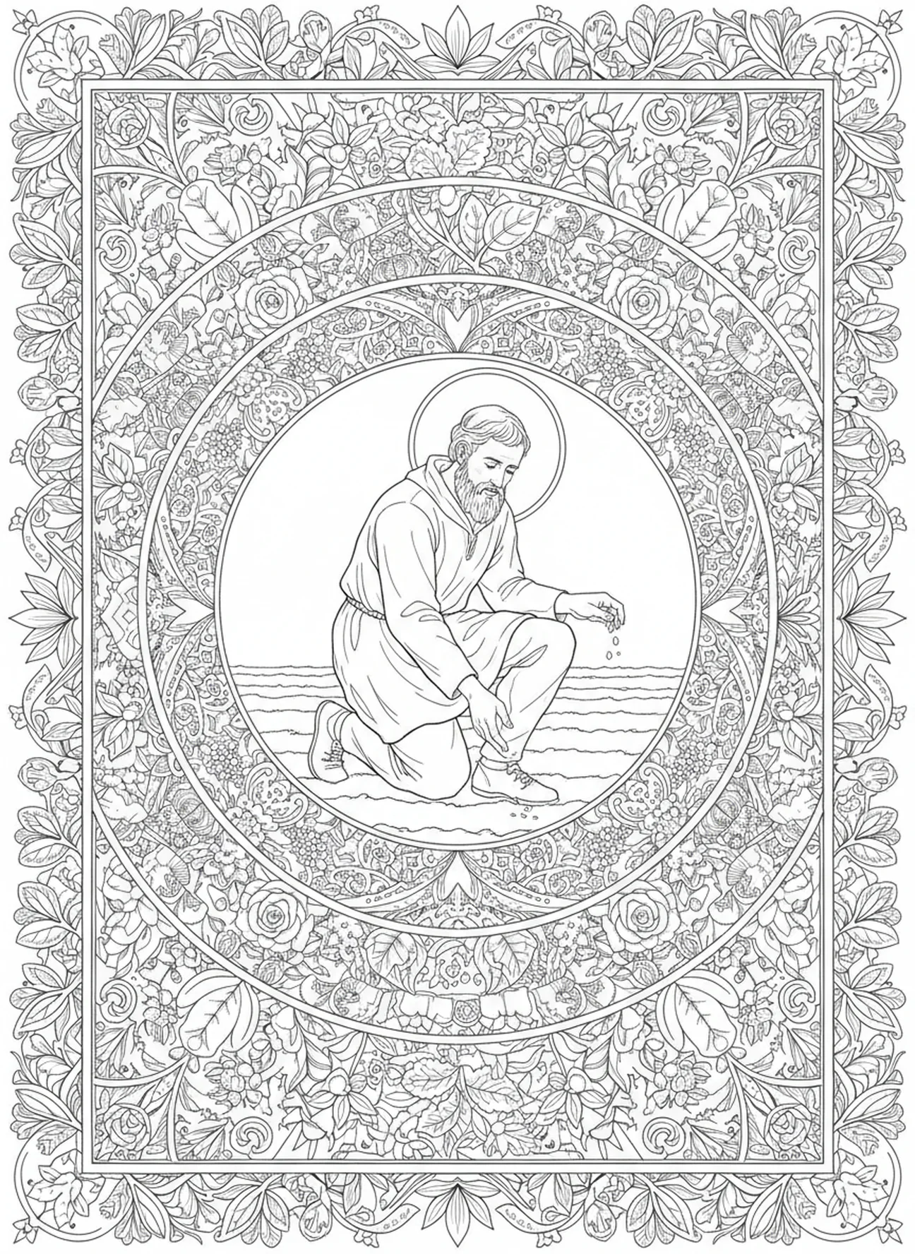 Saint Isidore plantant des graines, page à colorier Saint Isidore pour adultes dans un style de journal biblique