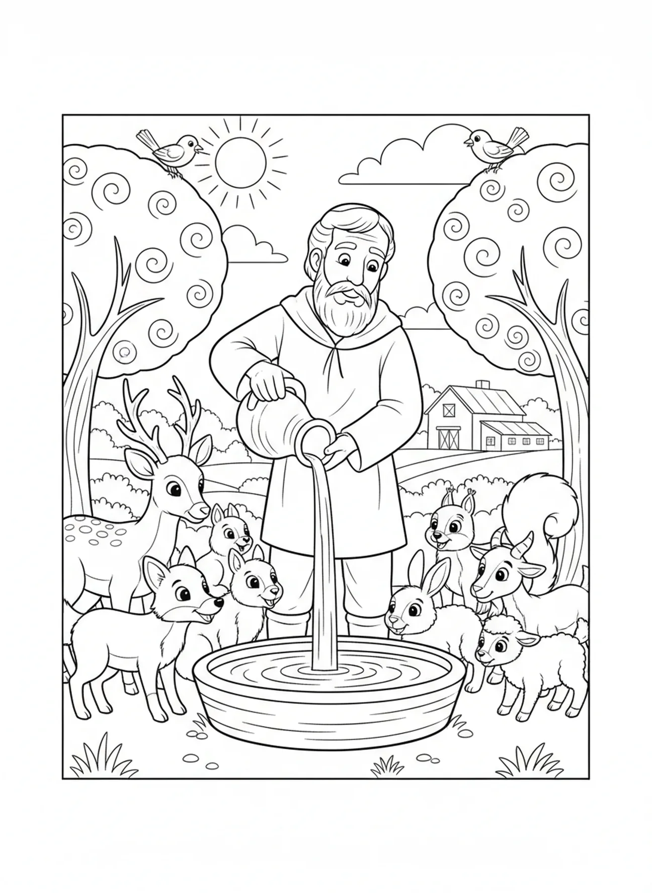 San Isidro vertiendo agua para los animales, página para colorear de San Isidro para niños de 5 a 10 años