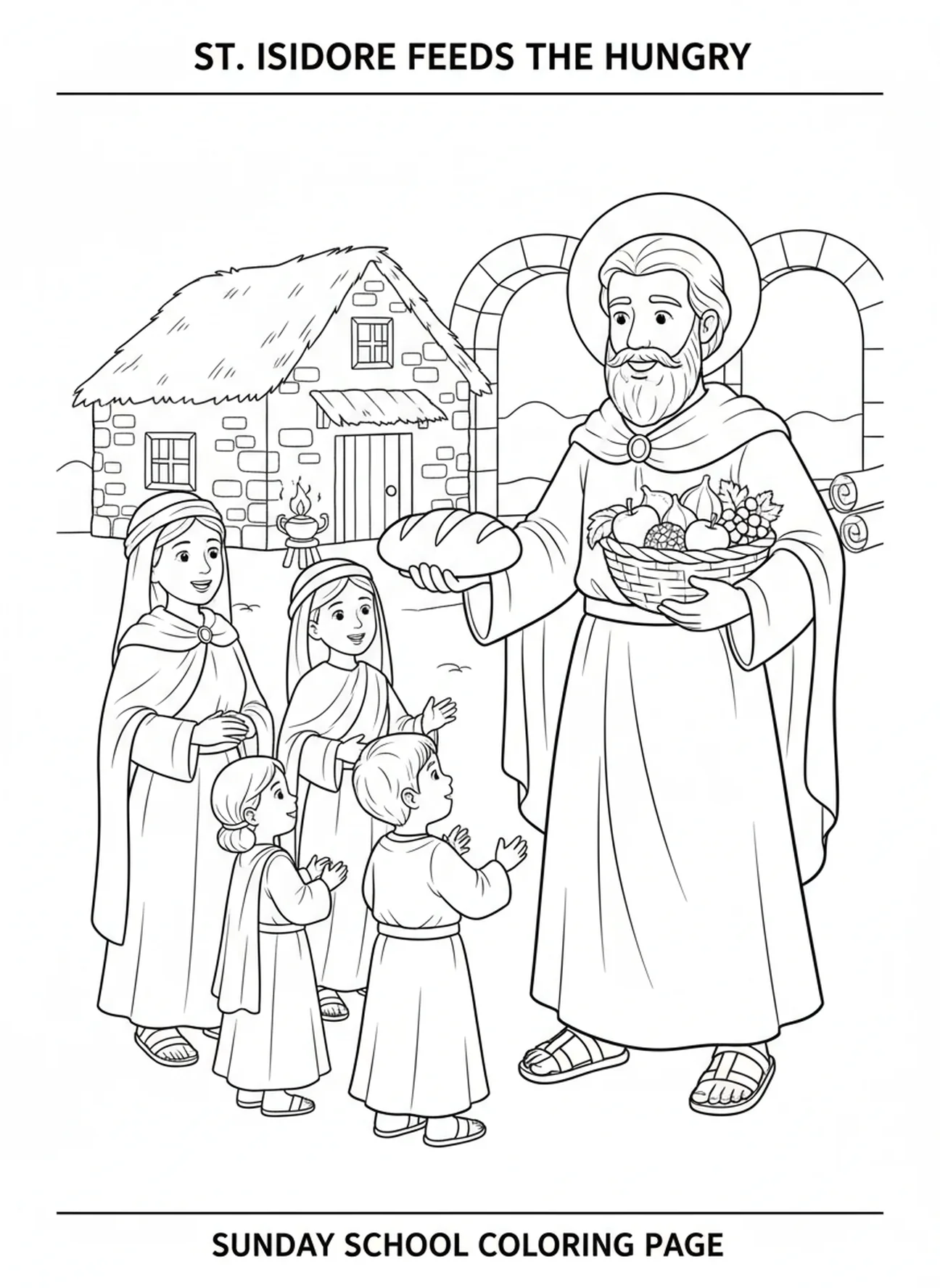 Saint Isidore partageant de la nourriture avec une famille, page à colorier de Saint Isidore pour les enfants de l'École du dimanche âgés de 5 à 12 ans.