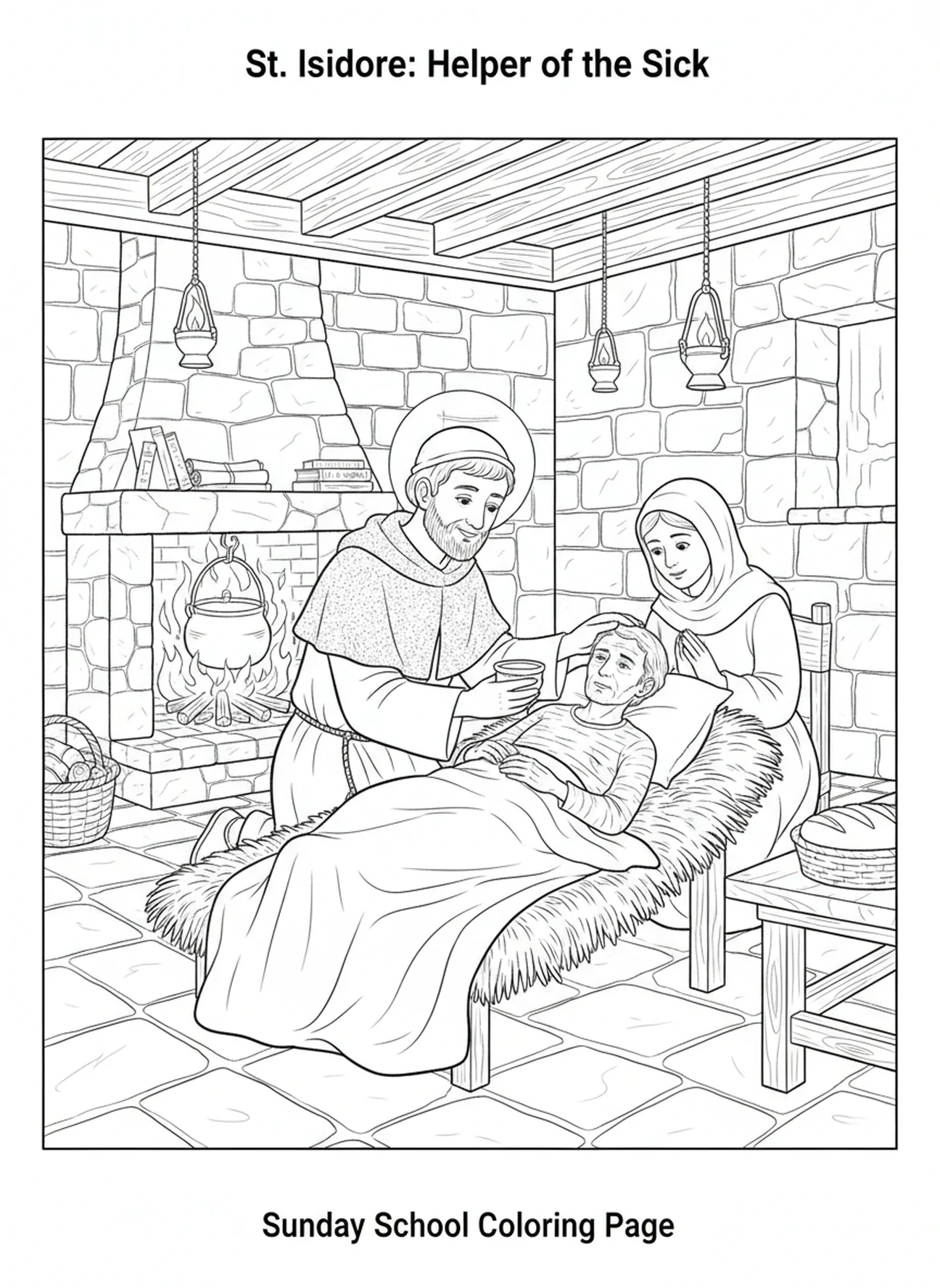 Saint Isidore s'occupant d'une personne malade à domicile, page à colorier de Saint Isidore pour les enfants de l'École du dimanche âgés de 5 à 12 ans.