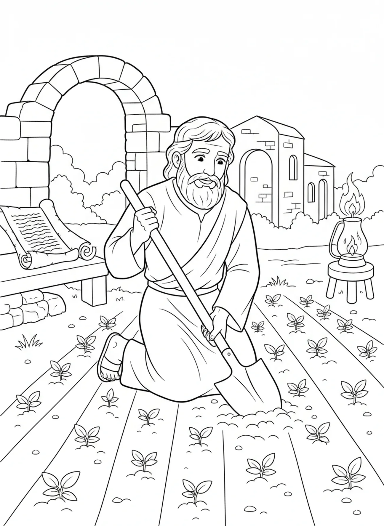Saint Isidore plantant des graines dans un champ, page à colorier Saint Isidore pour les enfants de l'École du dimanche âgés de 5 à 12 ans.