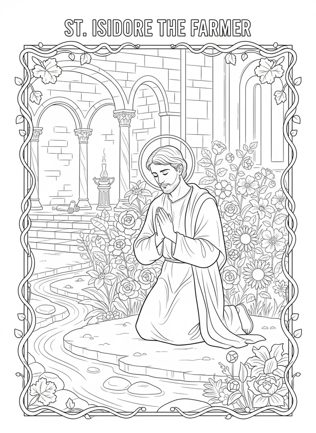 Saint Isidore à genoux en prière dans un jardin, page à colorier de Saint Isidore pour les enfants de l'École du dimanche âgés de 5 à 12 ans.