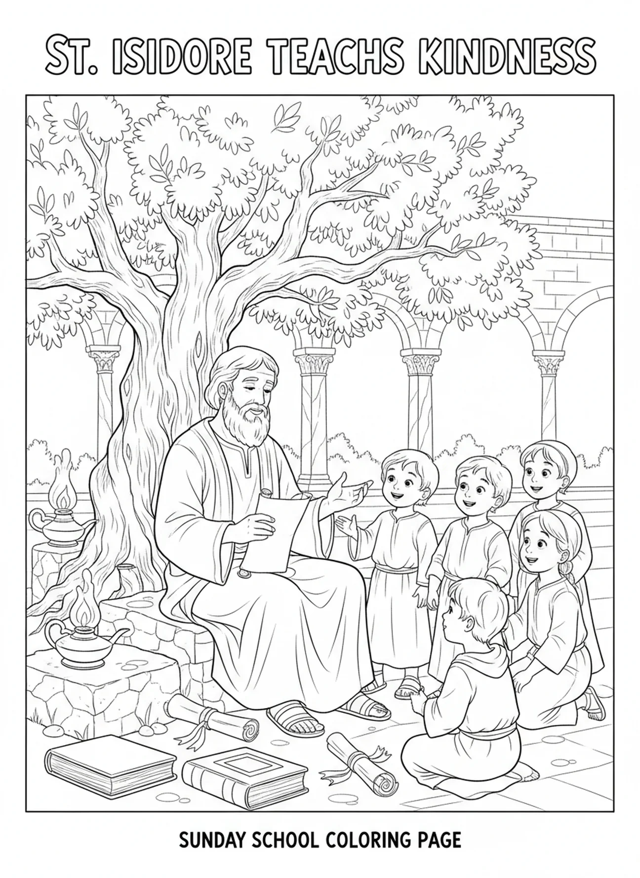Saint Isidore enseignant aux enfants sous un arbre, page à colorier de Saint Isidore pour les enfants de catéchisme âgés de 5 à 12 ans.