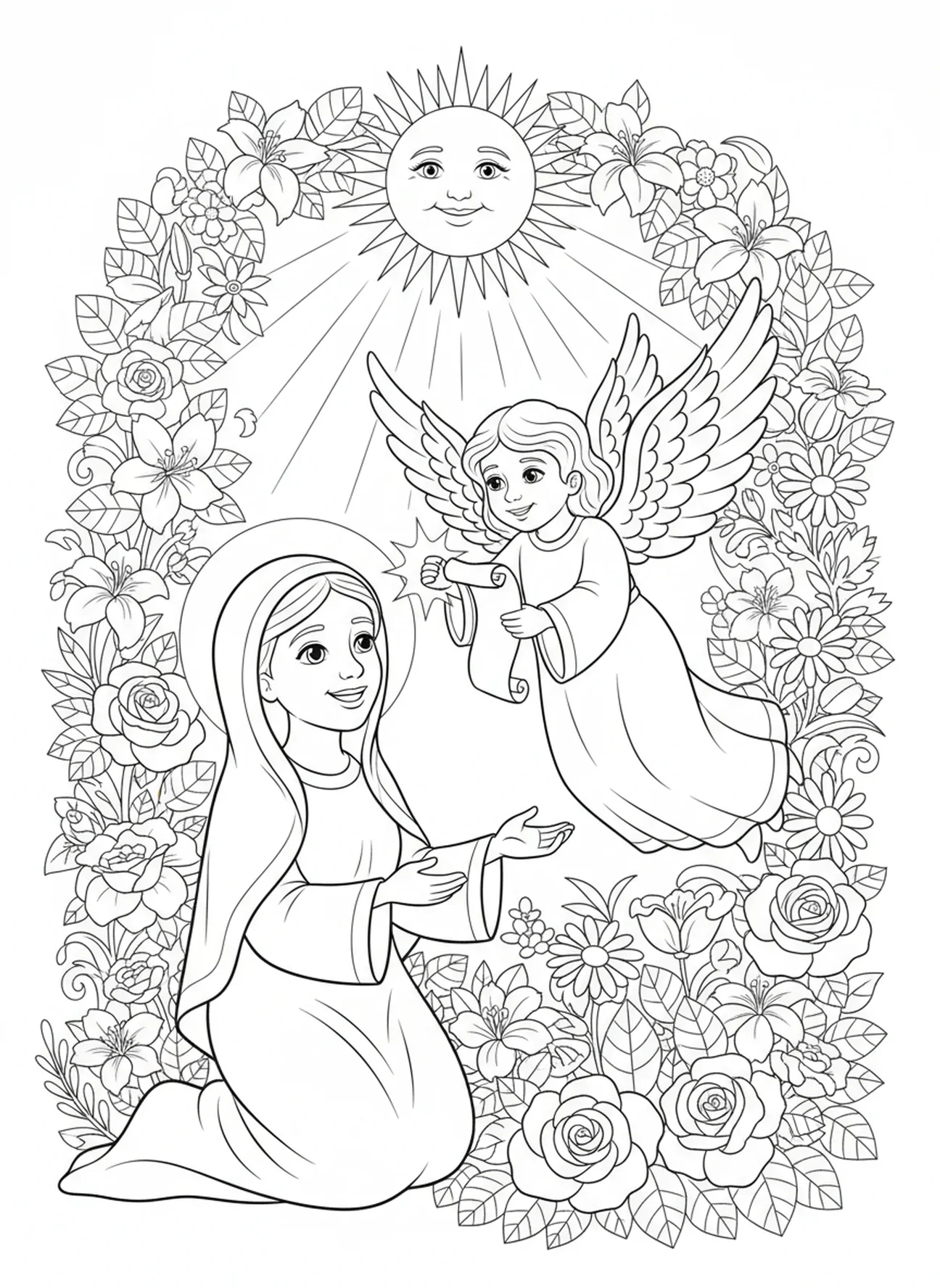 Sainte Anne recevant un message d'un ange, page à colorier de Saint Joachim pour les enfants de 5 à 10 ans.