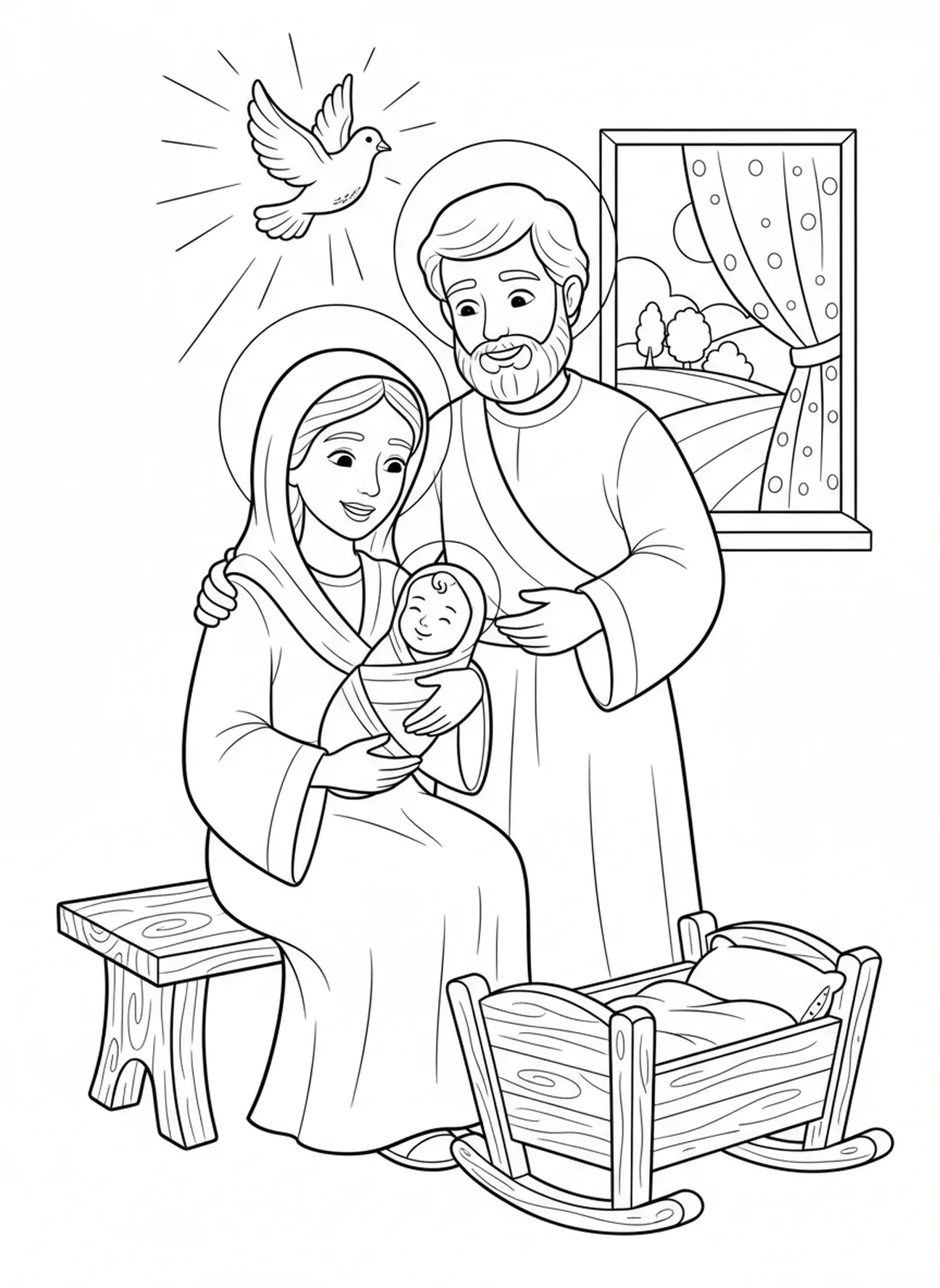 Saint Joachim et Sainte Anne tenant le bébé Marie, page à colorier de Saint Joachim pour les enfants de 5 à 10 ans.