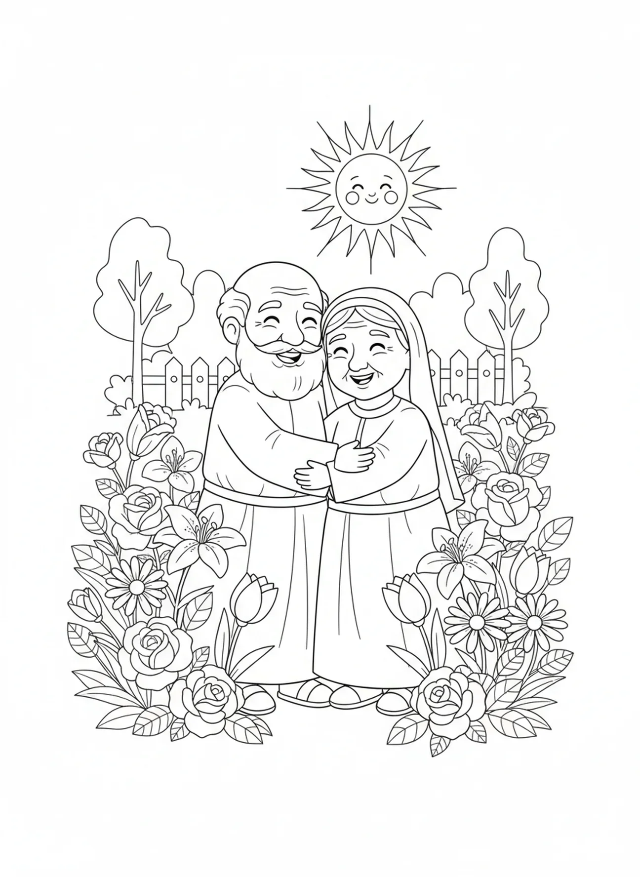 Saint Joachim et Anne s'enlaçant, page à colorier de Saint Joachim pour les enfants de 5 à 10 ans.