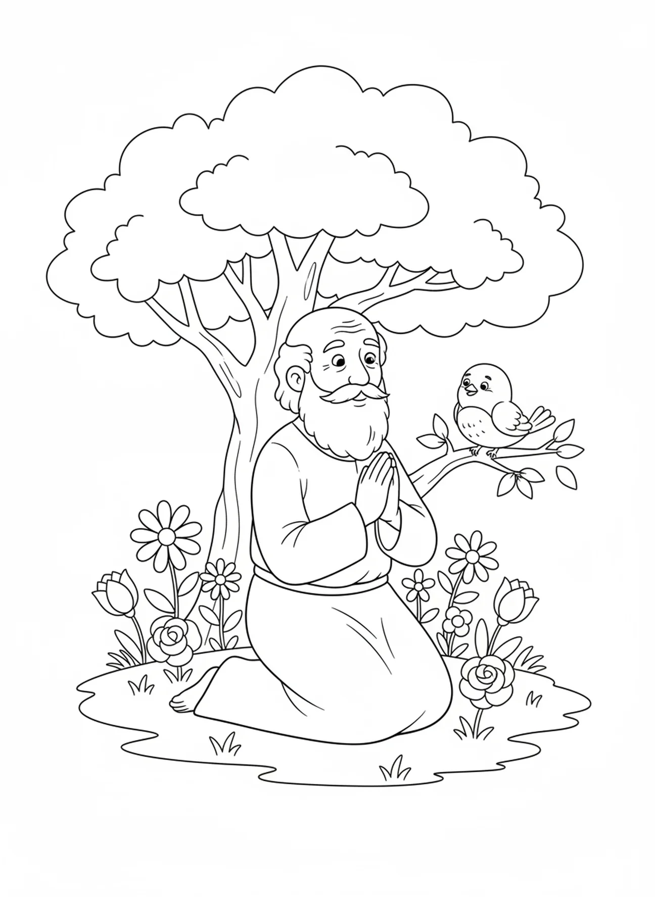 Saint Joachim priant sous un arbre, page à colorier de Saint Joachim pour les enfants de 5 à 10 ans.
