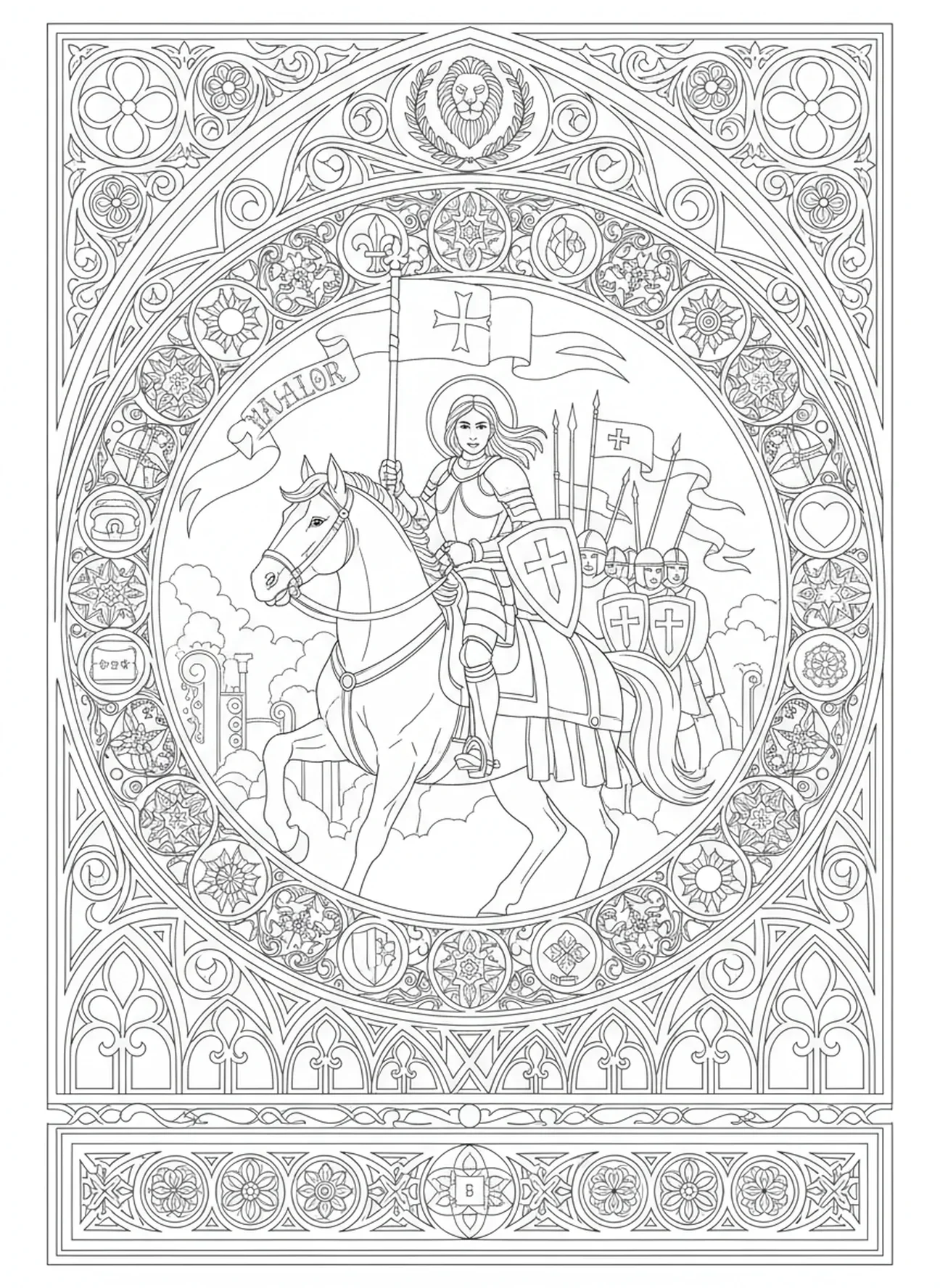 Juana liderando tropas, página para colorear de Santa Juana de Arco estilo journaling bíblico para adultos