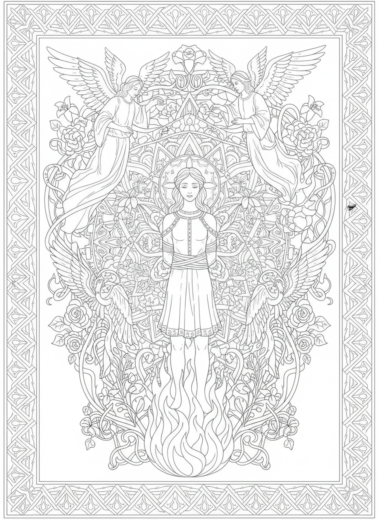 Santa Juana en el martirio, página para colorear de Santa Juana de Arco estilo Biblia para adultos