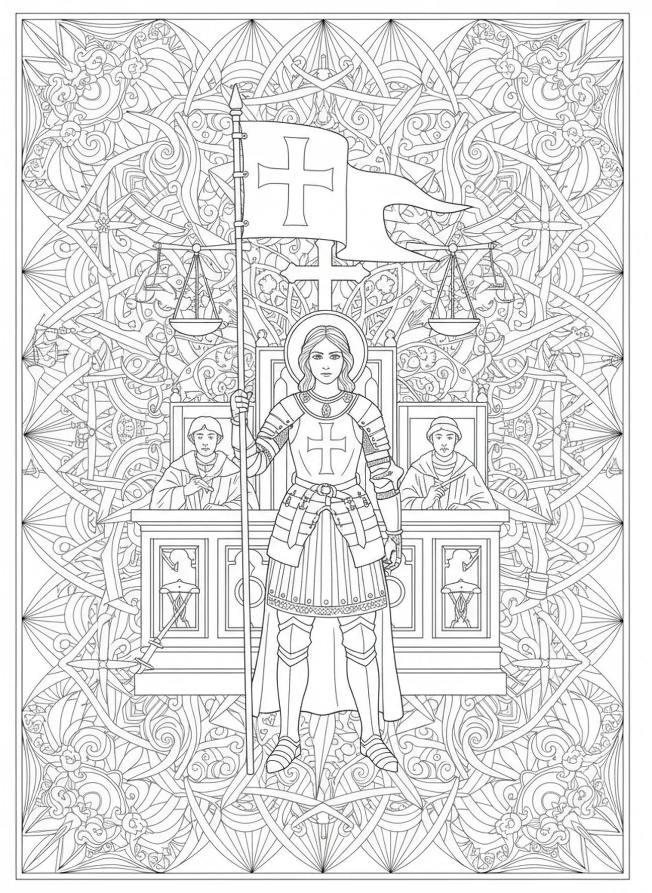 Santa Juana en el tribunal, página para colorear de Santa Juana de Arco estilo Biblia para adultos