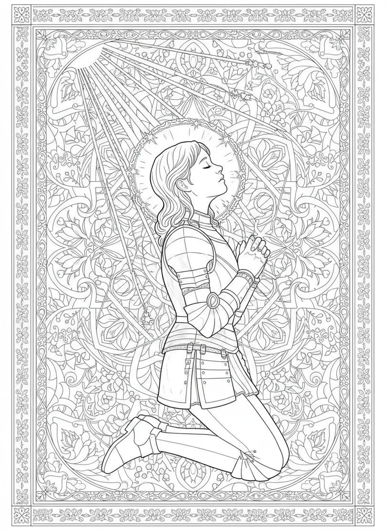 Visión divina de luz, página para colorear de Santa Juana de Arco en estilo de journaling bíblico para adultos