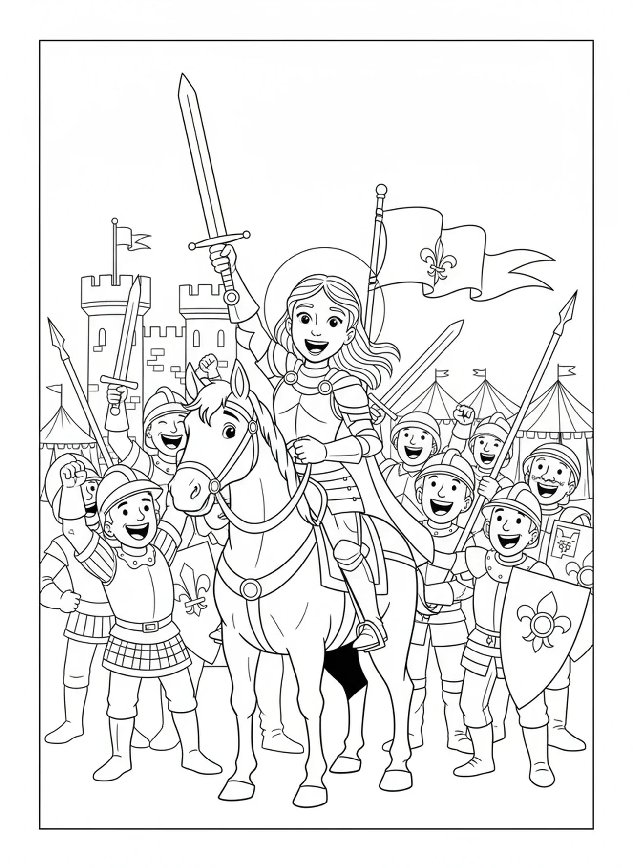 Sainte Jeanne d'Arc encourageant des soldats, page à colorier Sainte Jeanne d'Arc pour les enfants de 5 à 10 ans.